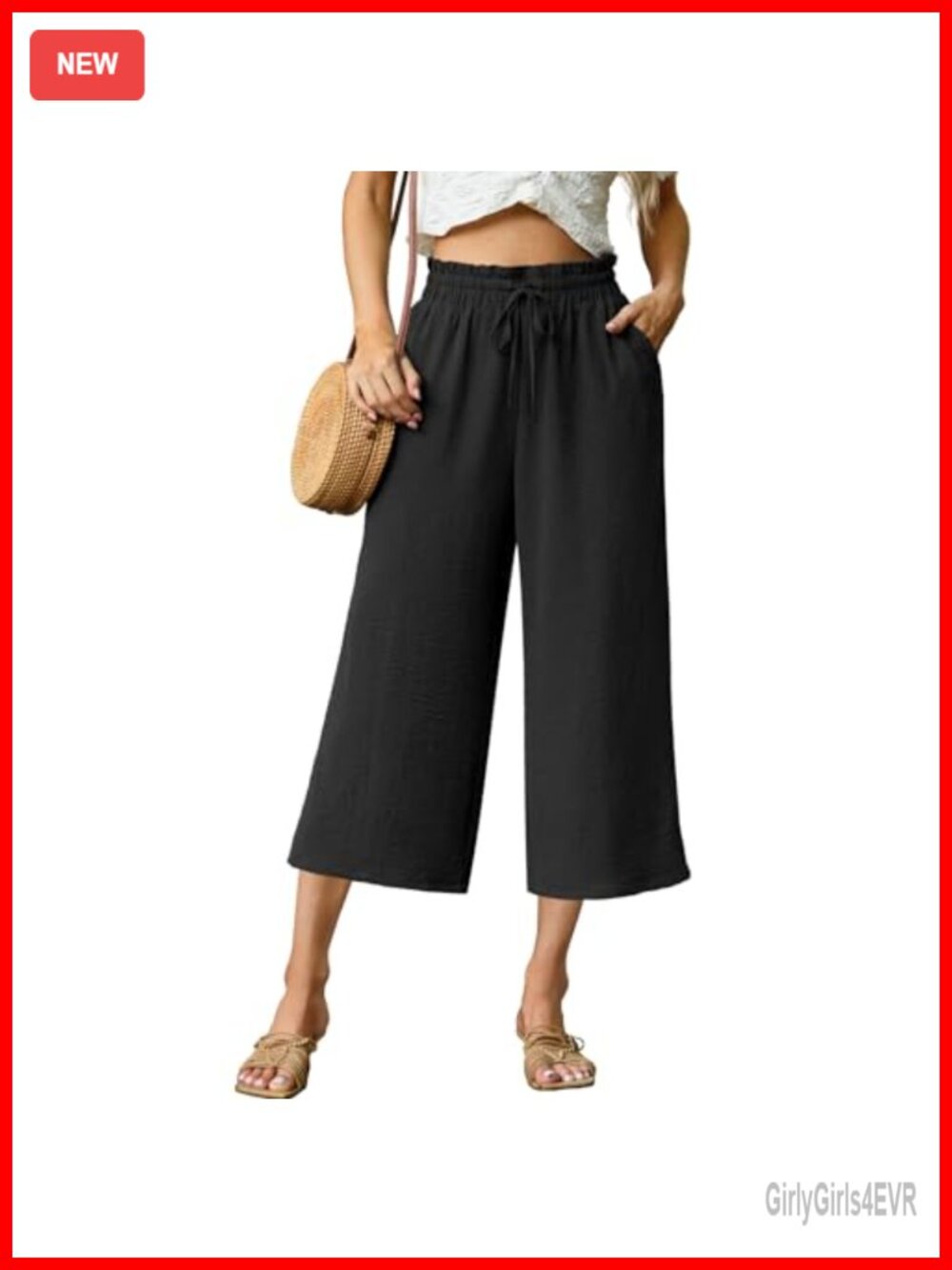 High Waisted Wide Leg Capri Pants with Pockets Drawstring